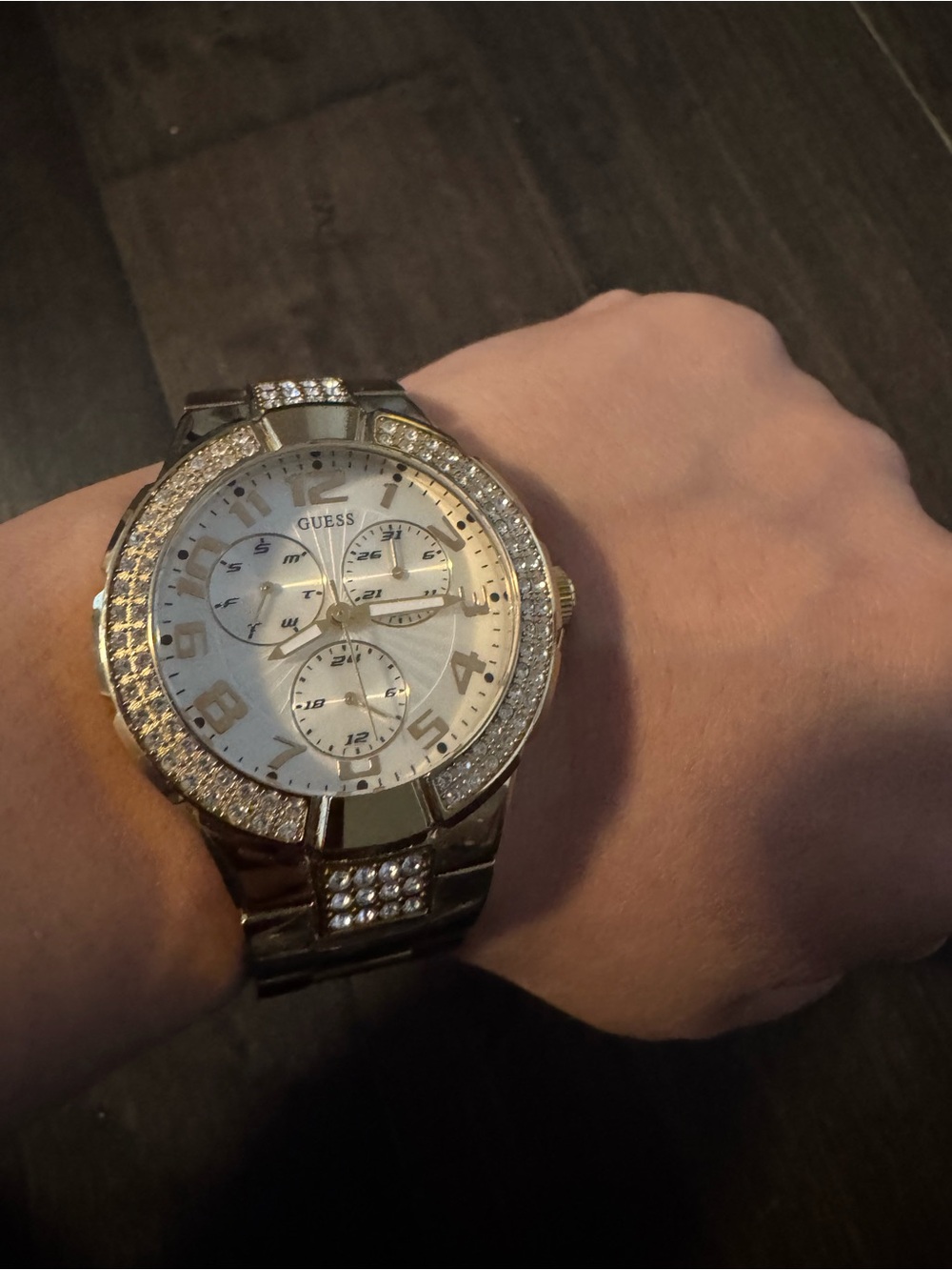 Guess Gold-Tone Crystal Bezel Multifunction Watch